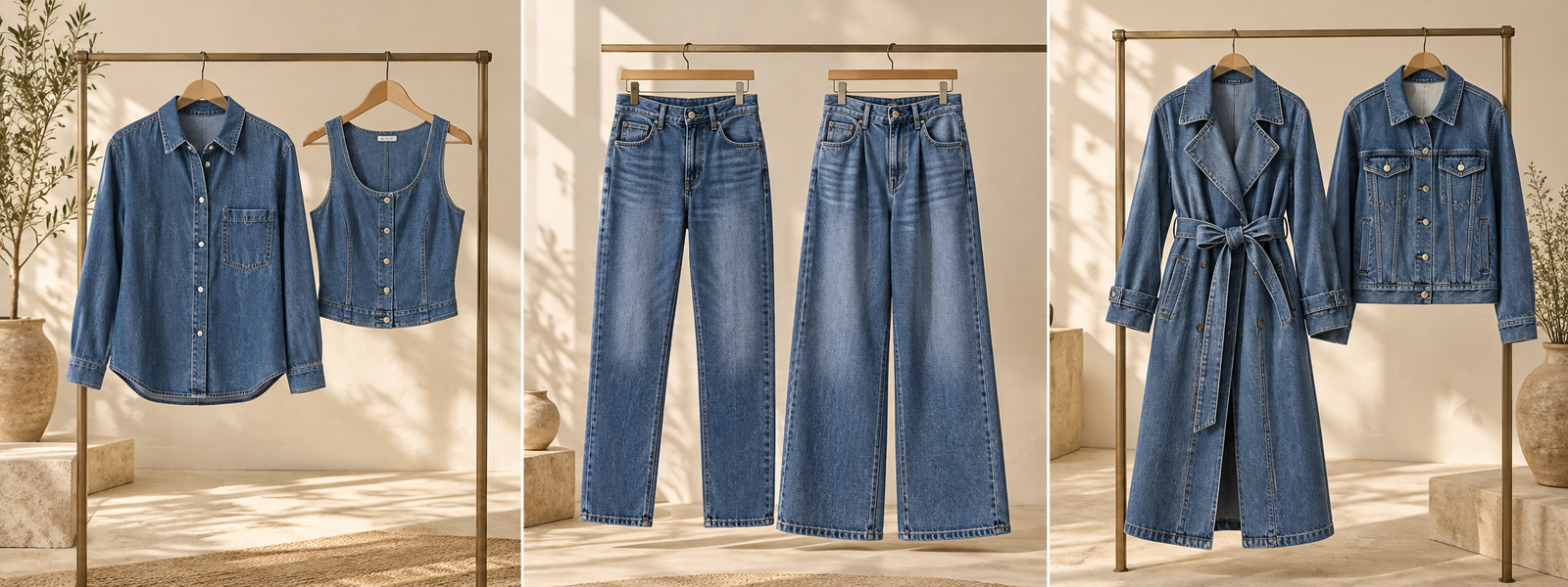 Denim clothing, jeans and coats displayed in three panels