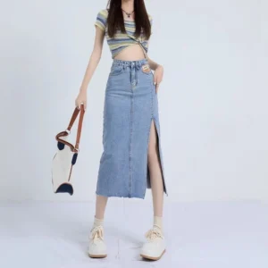 Long skirt Slit MIDI High waist split denim A-line mango skirt for women