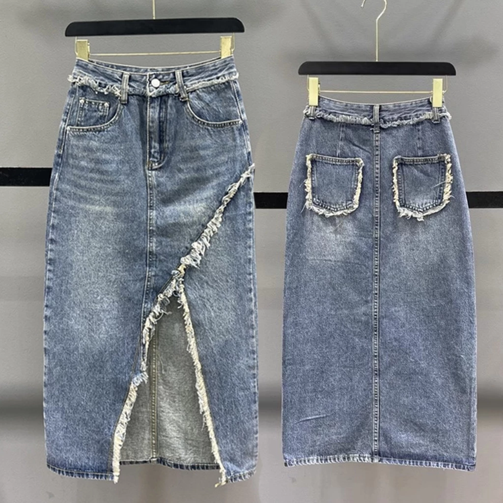 Long skirt skirt slit jeans denim pencil highwaist A-line jeans - Image 2