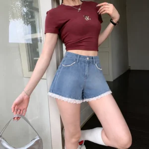 Women’s Pearl-Embellished Lace-Trim Denim Shorts