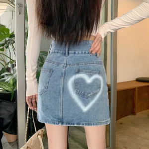 Vintage Style High-Waist Denim Skirt with Heart-Shaped Pockets and Double Buttons