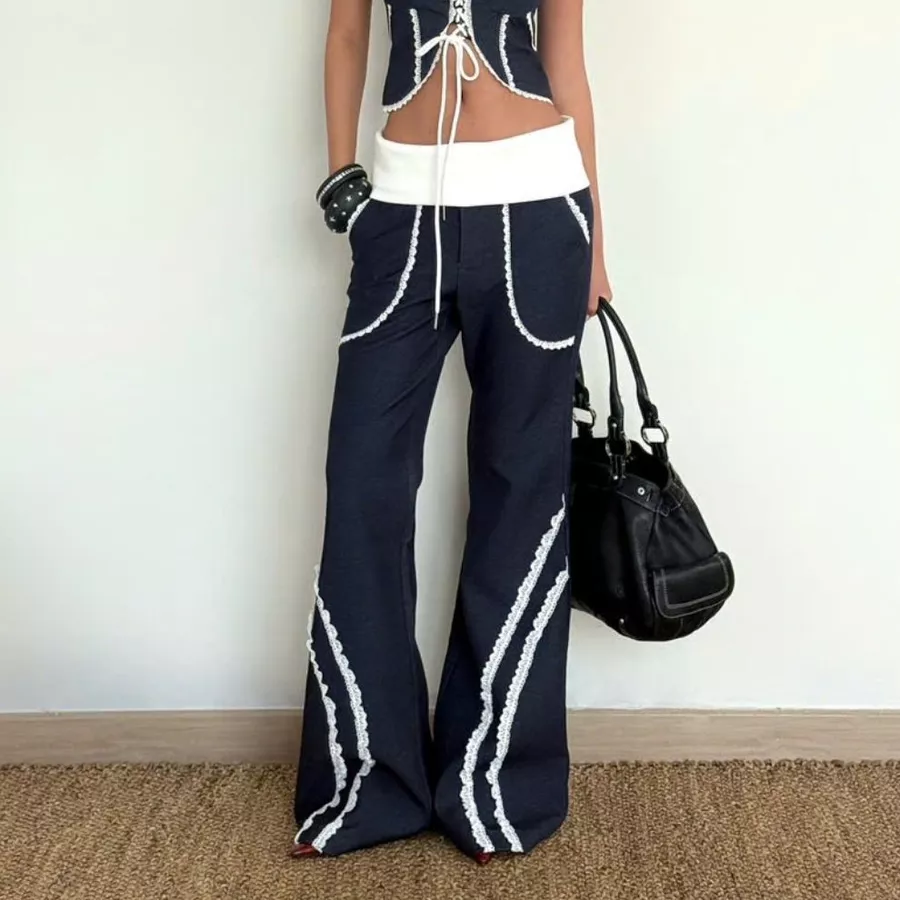 Cropped denim belted tank top and Kinda flared long blue denim pants - Image 6