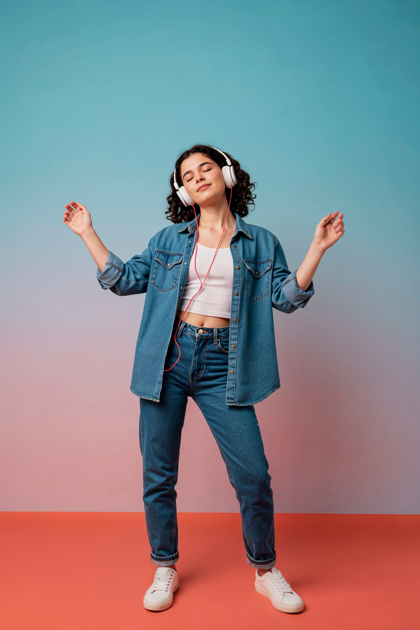 Woman wearing a denim jacket and jeans